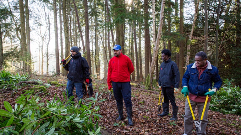 Four people stand in woodland, each holding a pair of yellow secateurs.